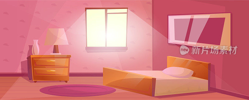 Bedroom interior with window and a large bed Nightstand with the lamp and vase. Purple carpet on the floor. Textured Wallpaper with pictures on the wall. Cartoon room in pink color
